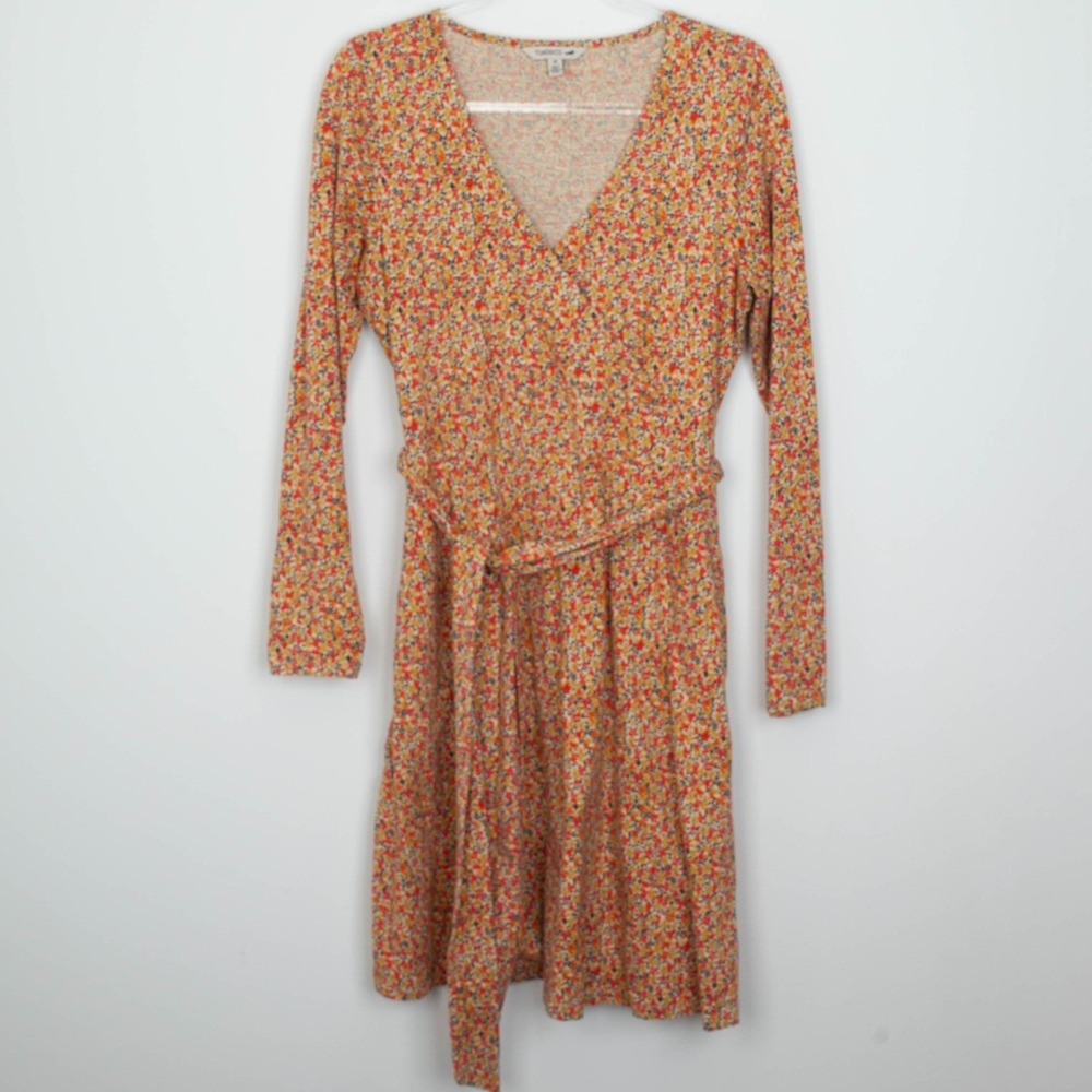 Toad & Co Womens Ditsy Floral Wrap Dress Long Sleeve Belted Orange Yellow Size M